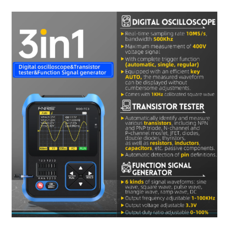 Osciloscopio Digital + probador de componentes 3 en 1+ Generador de Señales, multímetro multifunción 3 en 1 DSO.TC3